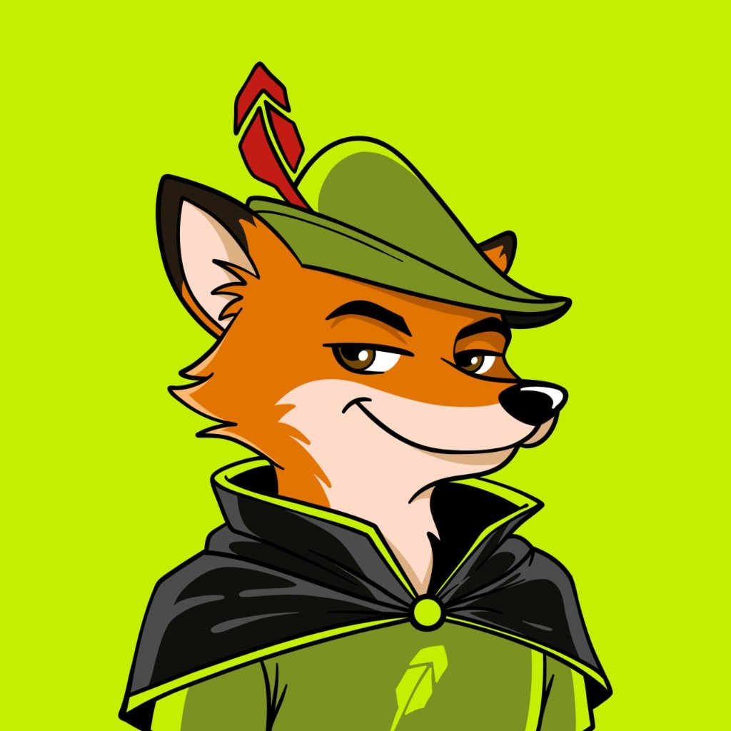 Robin Hood the Fox character wearing a green hood and holding a money bag